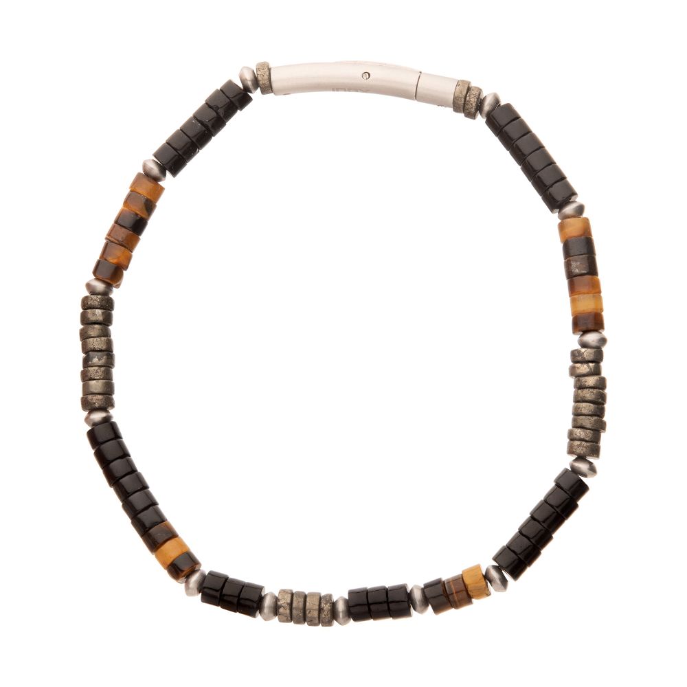 Side View INOX Pyro Sentinel (Onyx / Pyrite / Tiger-eye) Heishi Bead Bracelet