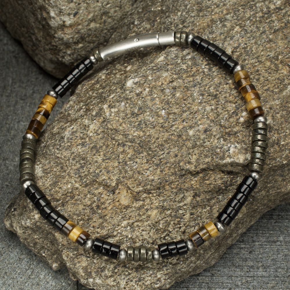 Alternate Side View INOX Pyro Sentinel (Onyx / Pyrite / Tiger-eye) Heishi Bead Bracelet