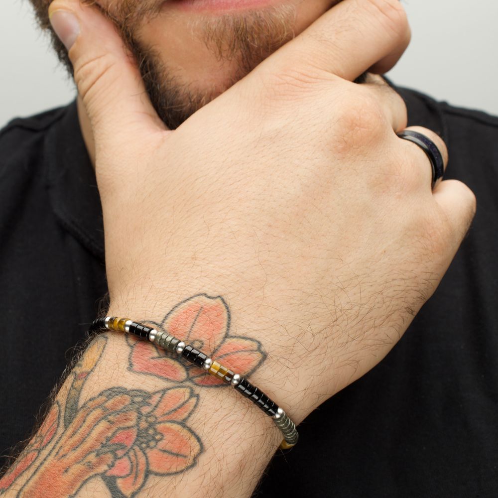 Arm View INOX Pyro Sentinel (Onyx / Pyrite / Tiger-eye) Heishi Bead Bracelet