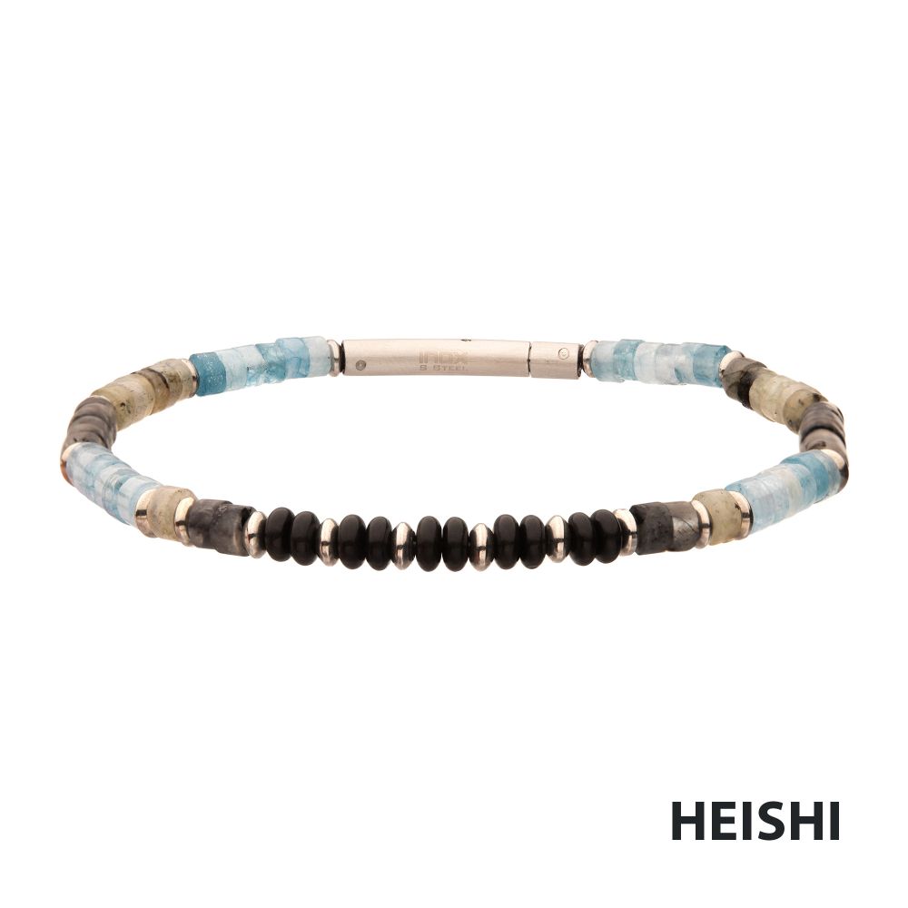 Front View INOX Tundra (Labradorite / Aquamarine / Moonstone) Heishi Bead Bracelet