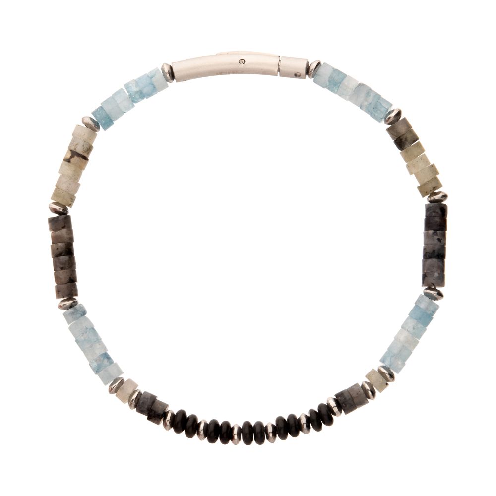 Side View INOX Tundra (Labradorite / Aquamarine / Moonstone) Heishi Bead Bracelet