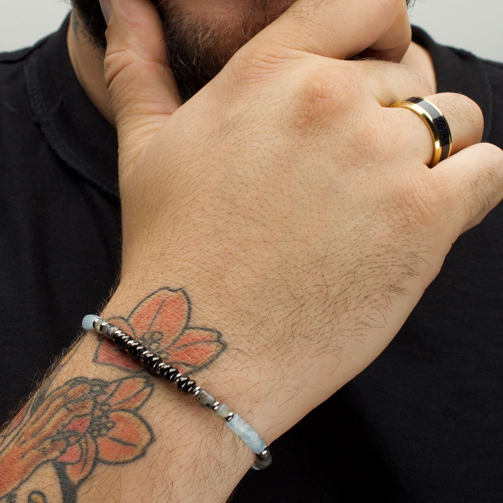 Arm View INOX Tundra (Labradorite / Aquamarine / Moonstone) Heishi Bead Bracelet
