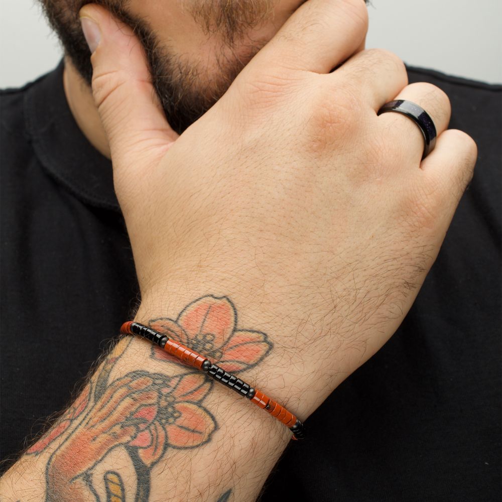 Arm View Inox Inferno (Red Jasper / Onyx) Heishi Bead Bracelet