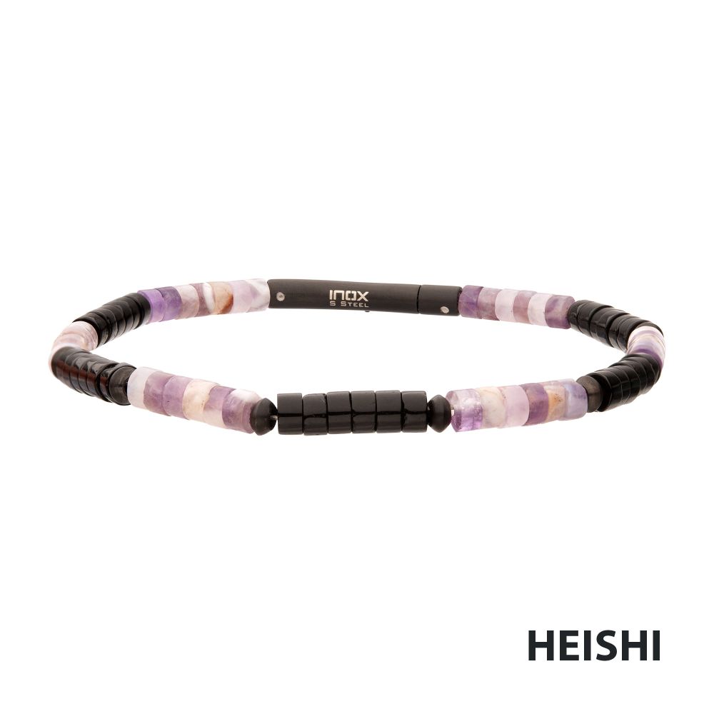 Front View INOX Imperial Dusk (Amethyst / Onyx) Heishi Bead Bracelet
