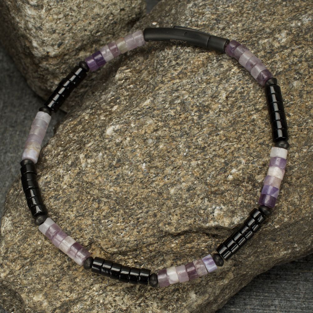 Alternate Side View INOX Imperial Dusk (Amethyst / Onyx) Heishi Bead Bracelet