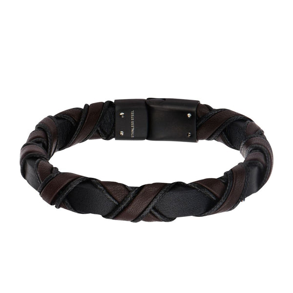INOX Black IP Clasp with Woven Black & Dark Brown Full Grain Cowhide Leather Bracelet