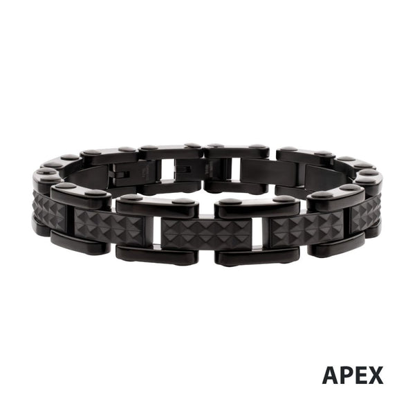 INOX  Black IP Steel with Matte Finish Pyramid Stud Pattern & High Polished Finish Link Bracelet