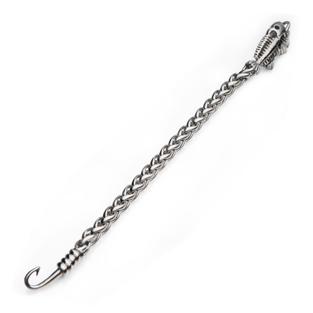 INOX Polished Steel Wheat Chain with Fishbone on Hook Clasp Bracelet