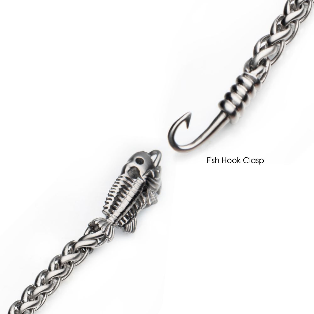 INOX Polished Steel Wheat Chain with Fishbone on Hook Clasp Bracelet