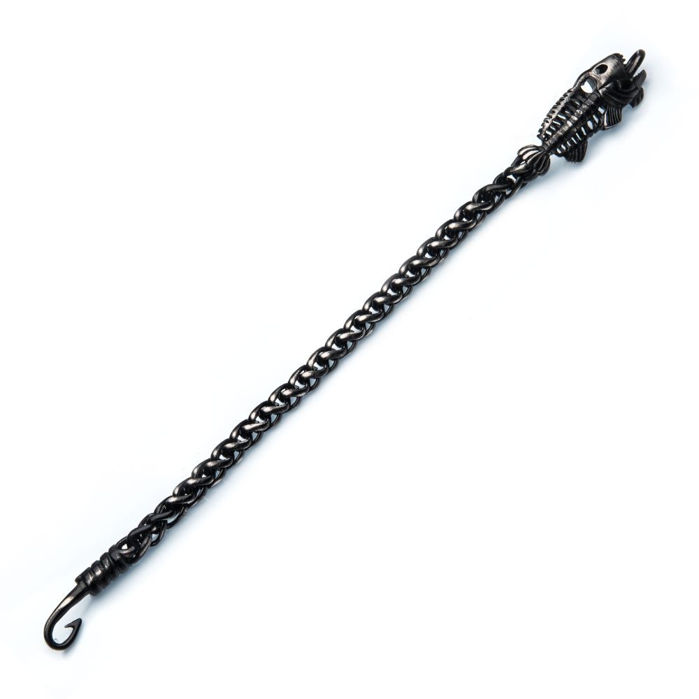 INOX Gun Metal IP Wheat Chain with Fishbone on Hook Clasp Bracelet