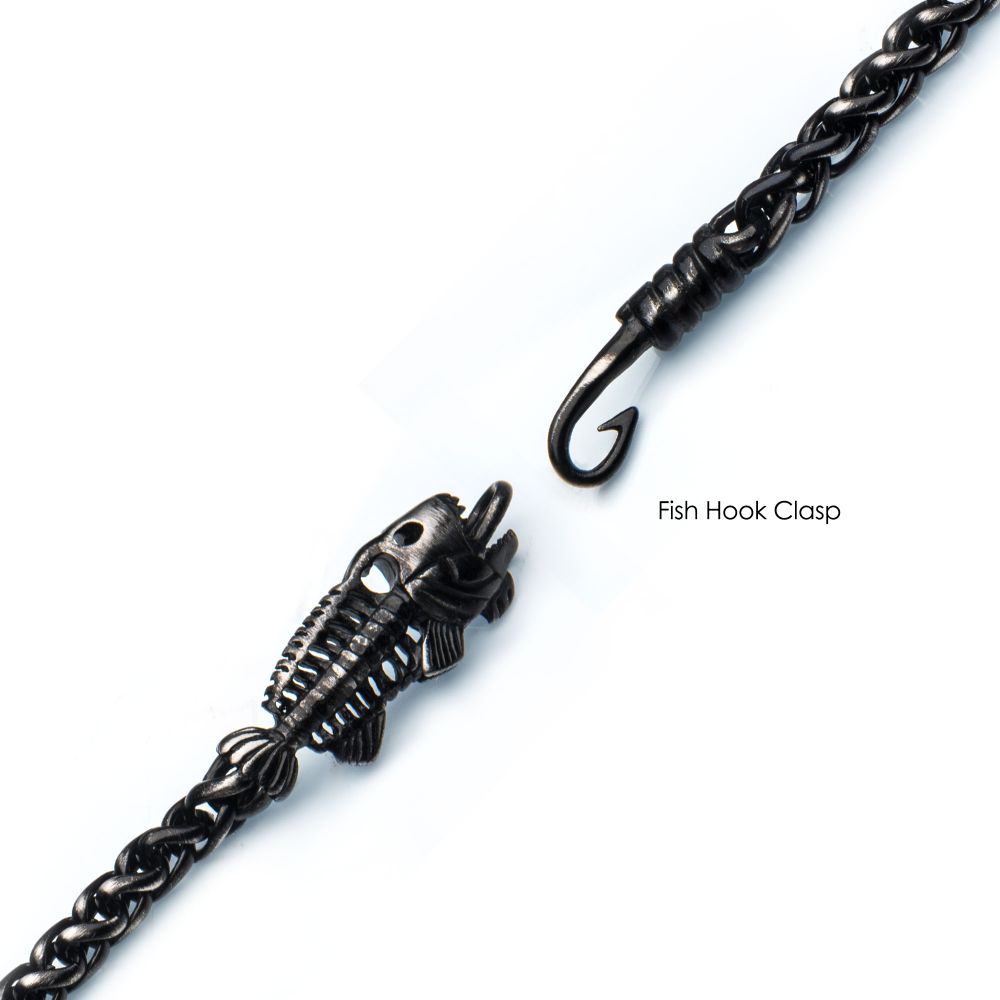 INOX Gun Metal IP Wheat Chain with Fishbone on Hook Clasp Bracelet