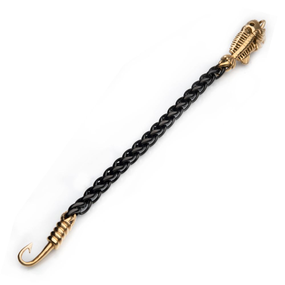 INOX Black IP Wheat Chain with Gold IP Fishbone on Hook Clasp Bracelet