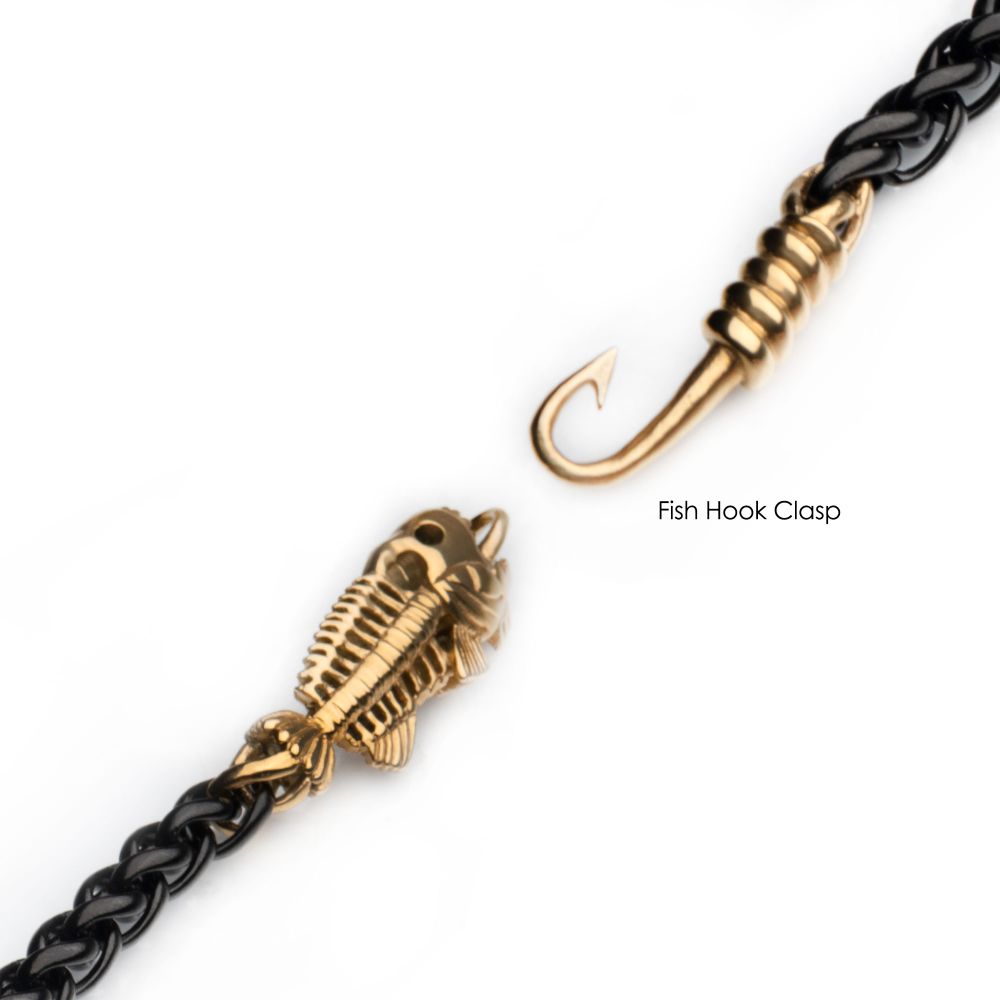 INOX Black IP Wheat Chain with Gold IP Fishbone on Hook Clasp Bracelet