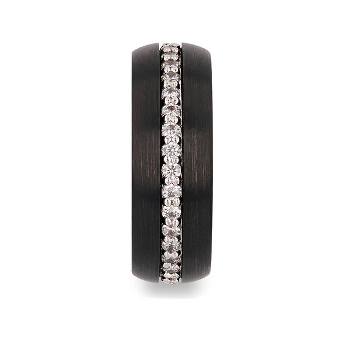 Thorsten "TSAR" Black Tungsten Carbide Ring Domed Brushed Finish with White Sapphires