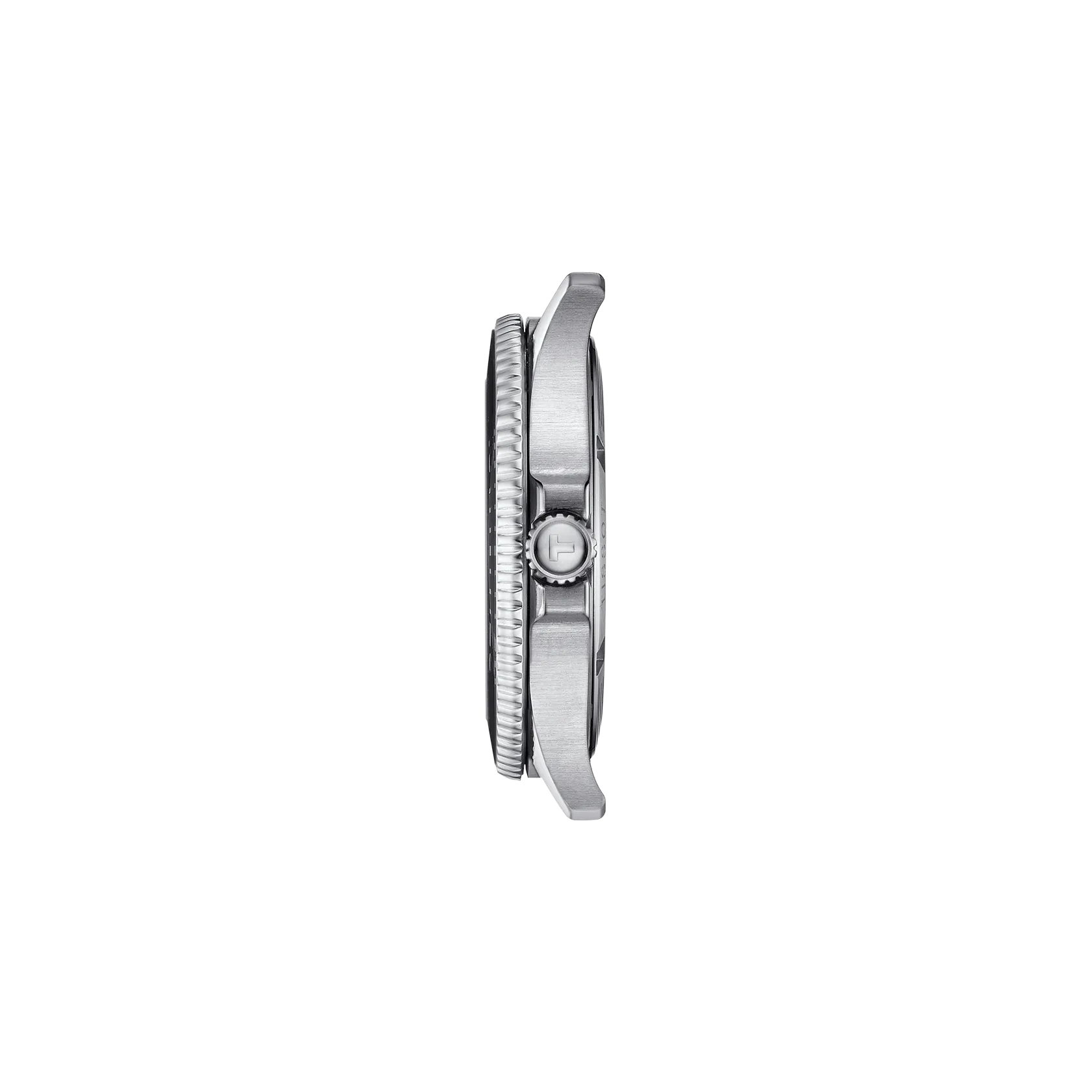 Side view of a silver watch on a white background