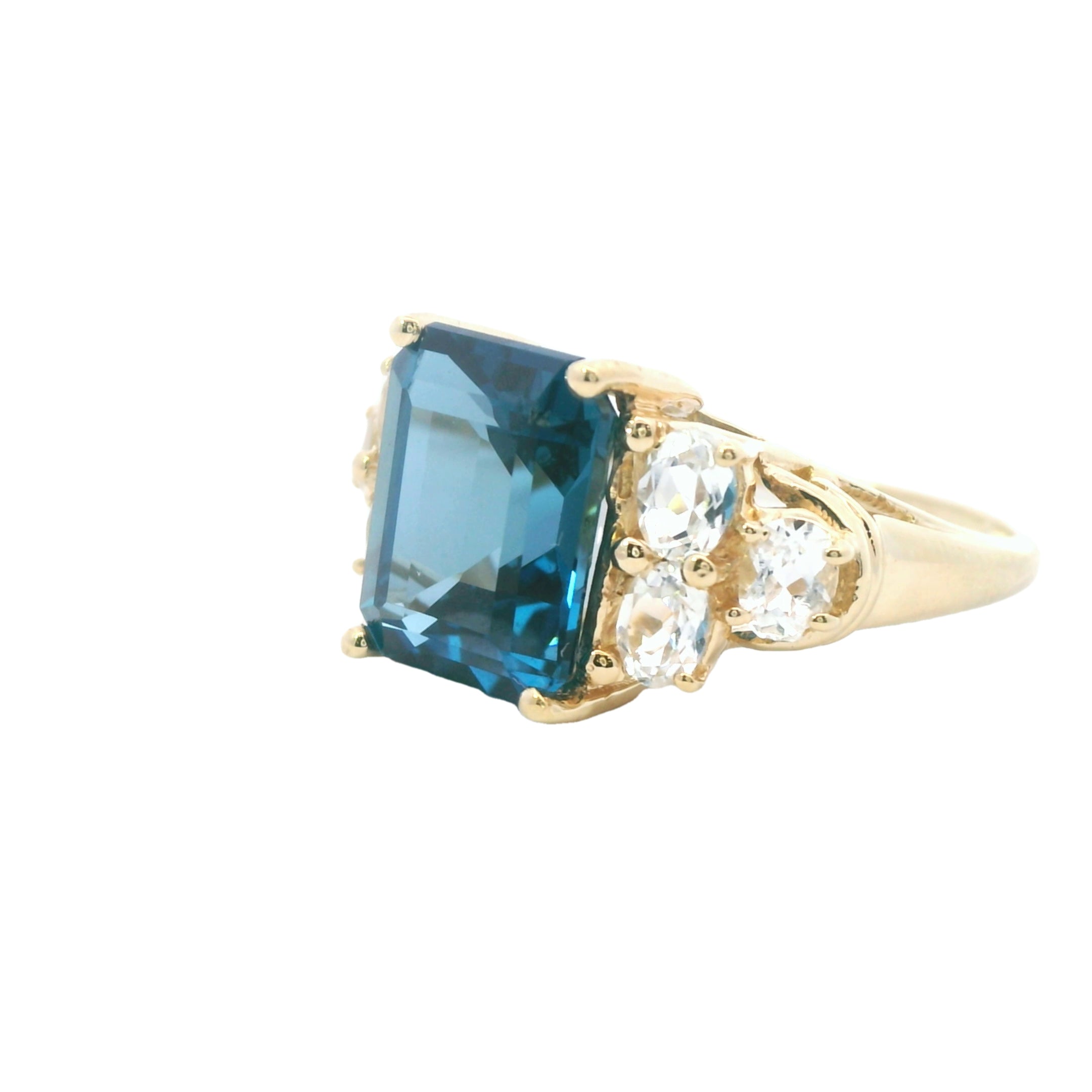 Estate Collection: 10K Yellow Gold Emerald-Cut London Blue Topaz/White Topaz Ring