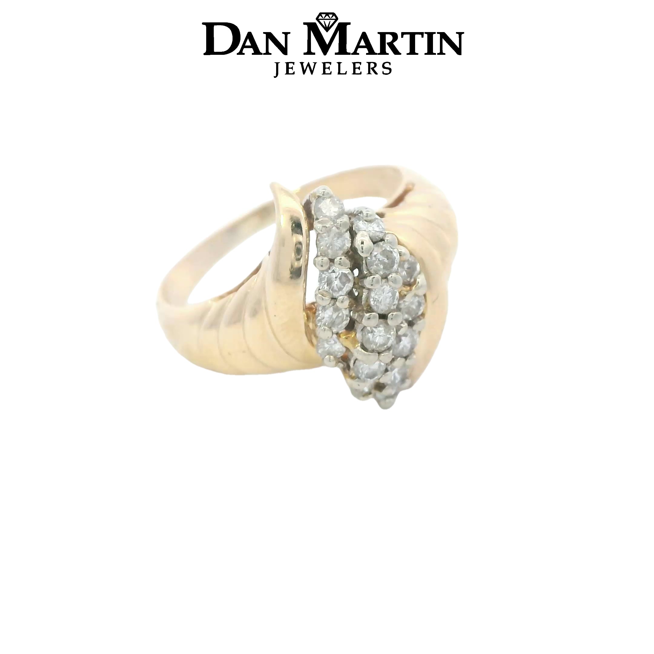 Estate Collection: 14K Yellow Gold 3-Row Swooping Diamond Cocktail Ring