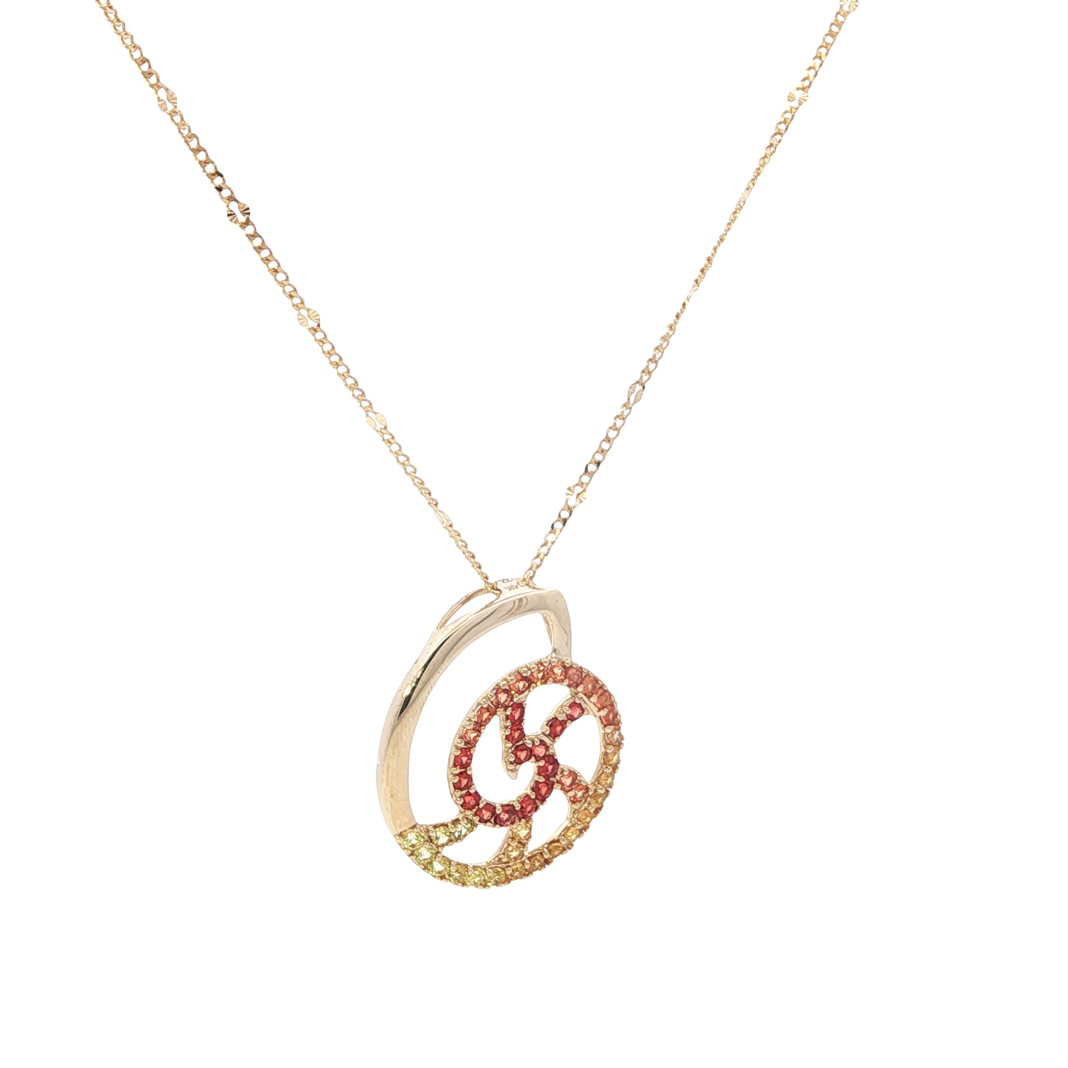 Gold necklace with a circular pendant on a white background