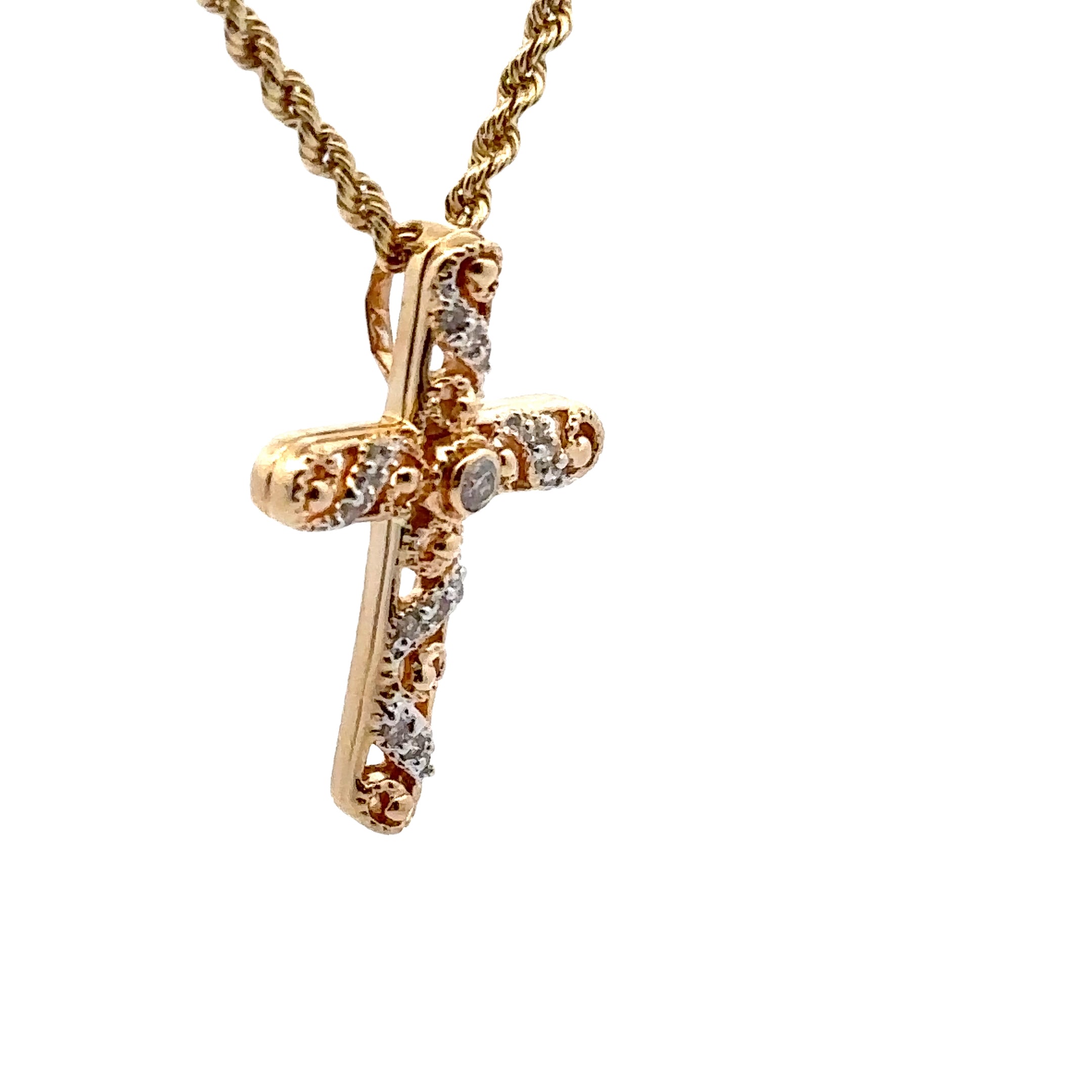 Estate Collection: 14K Yellow Gold Diamond Cross Pendant With Chain