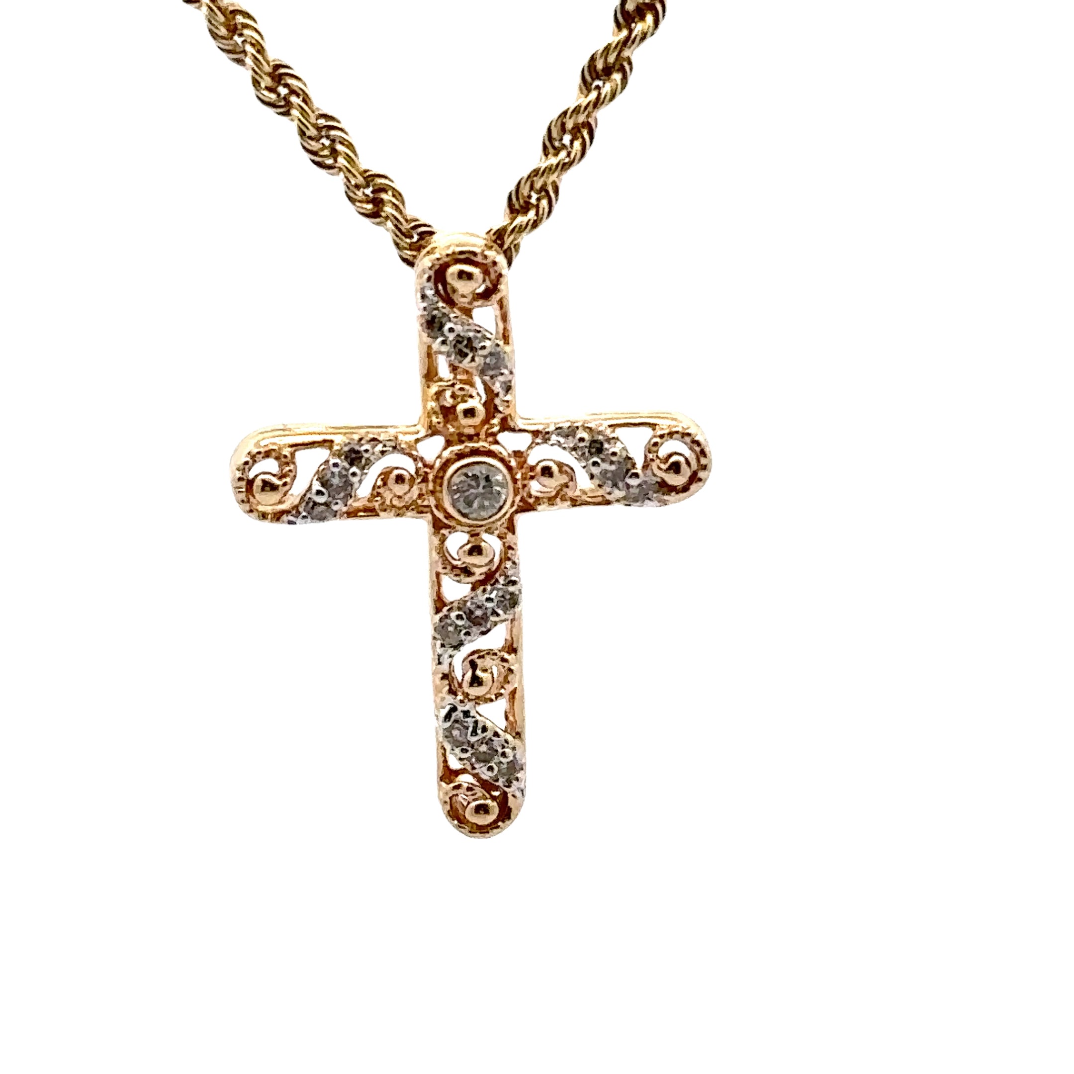 Estate Collection: 14K Yellow Gold Diamond Cross Pendant With Chain