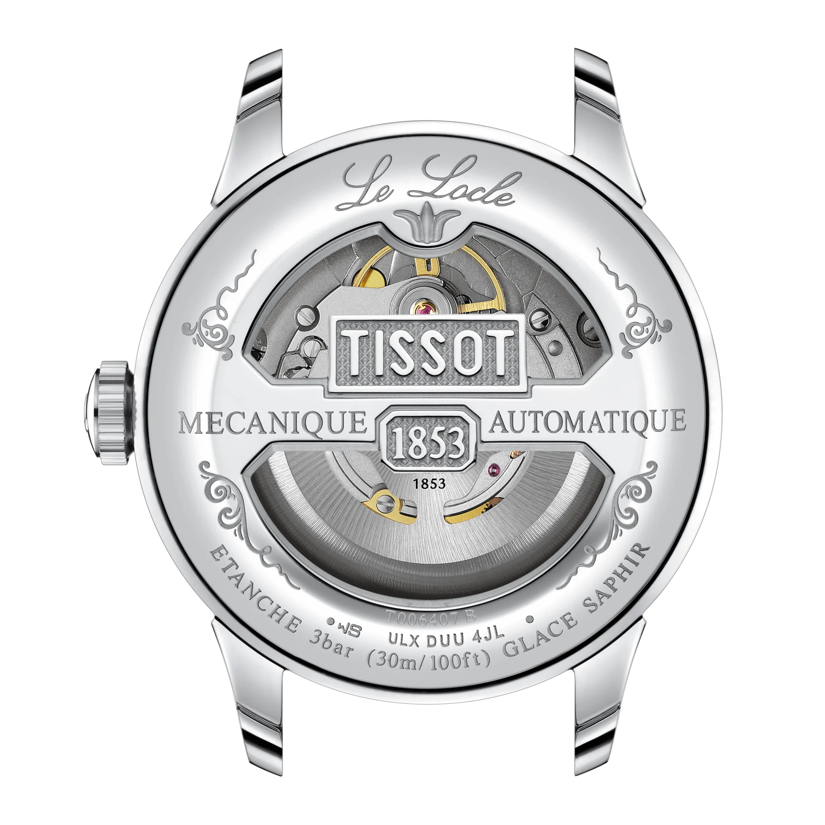 Tissot watch face with brand logo and mechanical details on a white background