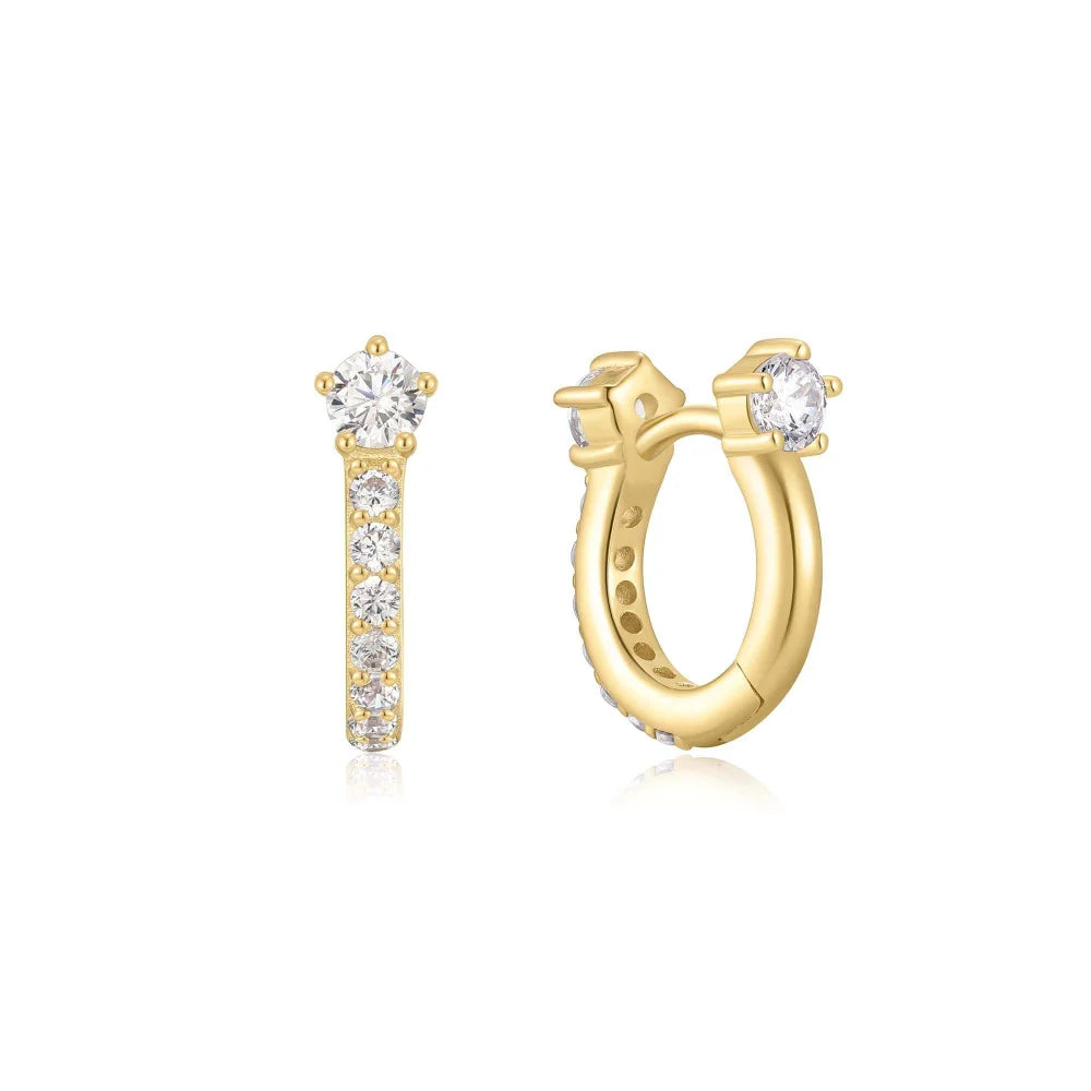 Front View Ania Haie Gold Sparkling Pavé Huggie Hoop Earrings