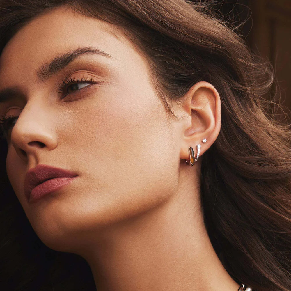 Model View Ania Haie Silver Sparkling Pavé Huggie Hoop Earrings