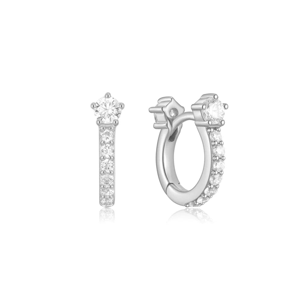 Front View Ania Haie Silver Sparkling Pavé Huggie Hoop Earrings