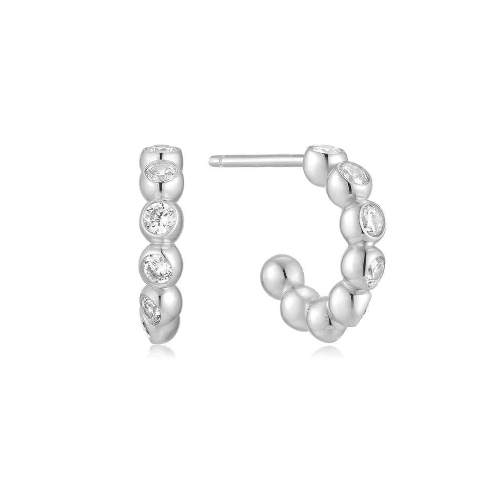Front View Ania Haie Silver Bezel Beaded Huggie Hoop Earrings