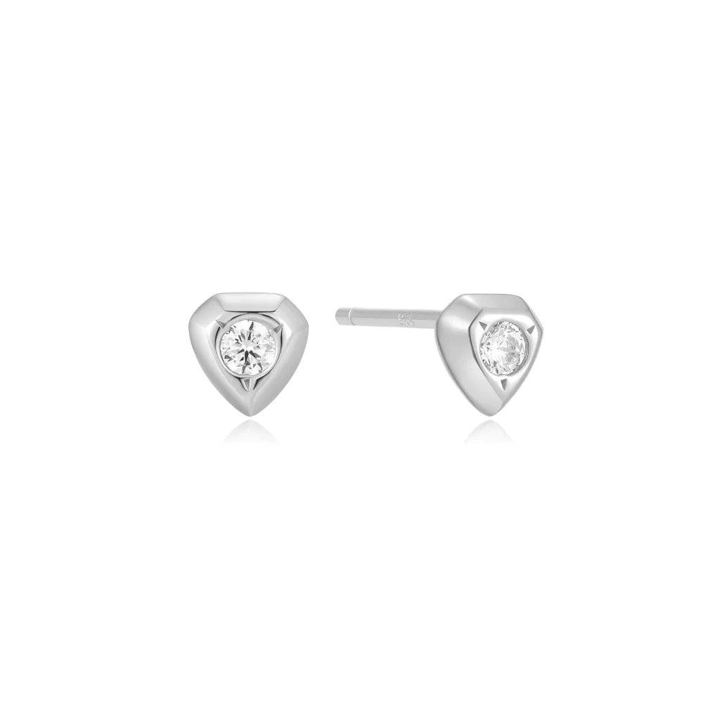 Front View Ania Haie Silver Sparkling Shield Stud Earrings
