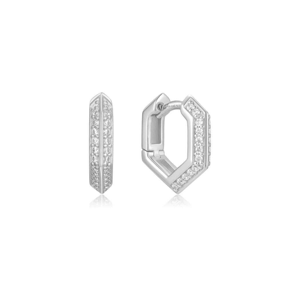 Front View Ania Haie Silver Sparkling Shield Huggie Hoop Earrings