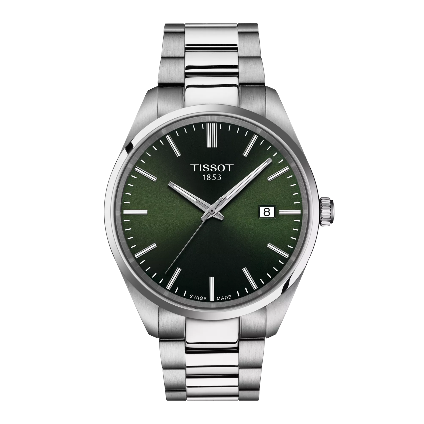 Tissot watch with green dial and silver bracelet on a white background