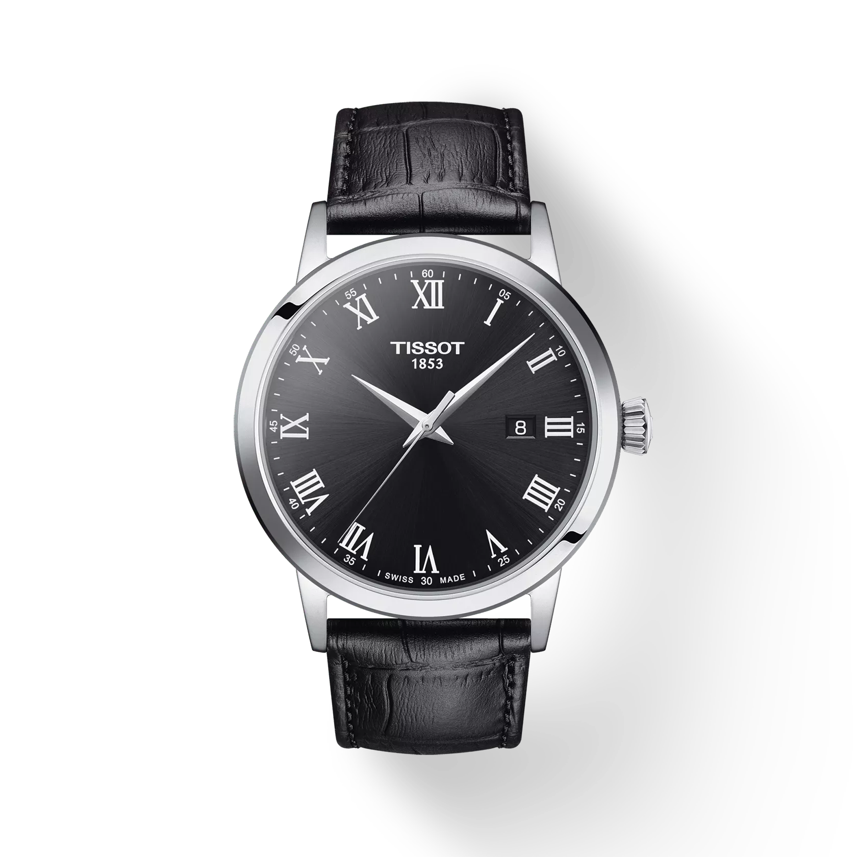 Tissot watch with black leather strap and black dial on a white background