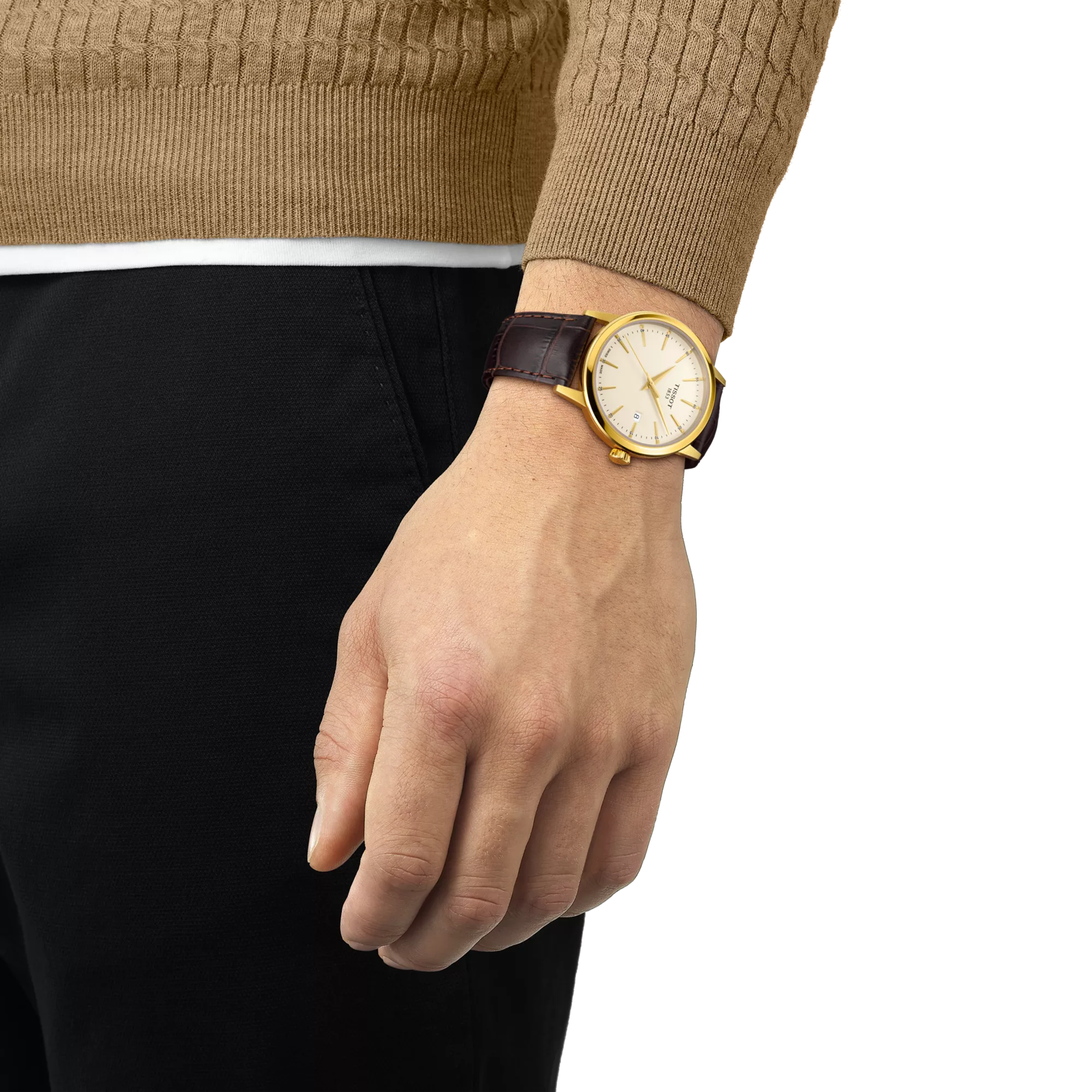 Hand wearing a gold watch with a brown leather strap on a white background