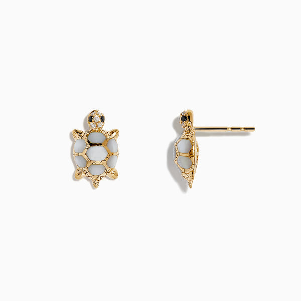 EFFY 14K Yellow Gold Diamond and Mother of Pearl Turtle Stud Earrings