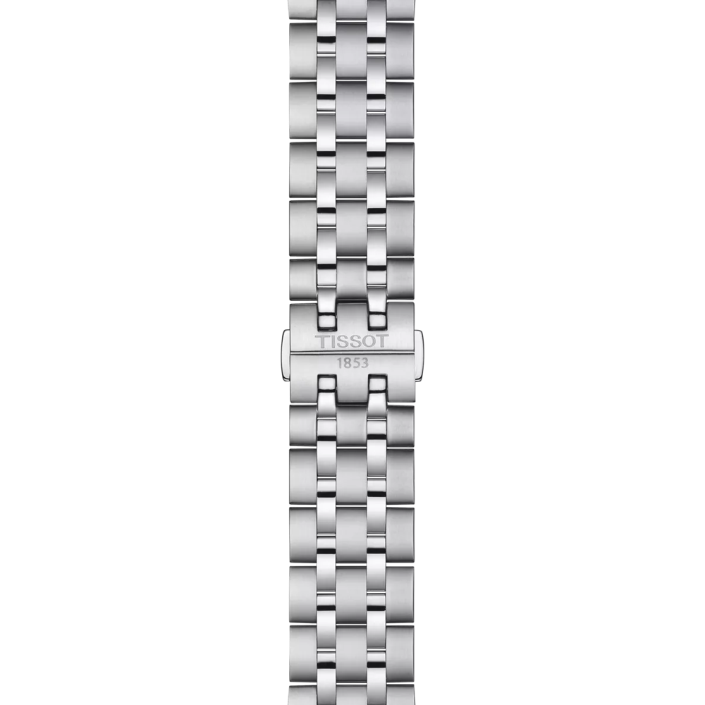 Silver watch strap with Tissot logo on a white background