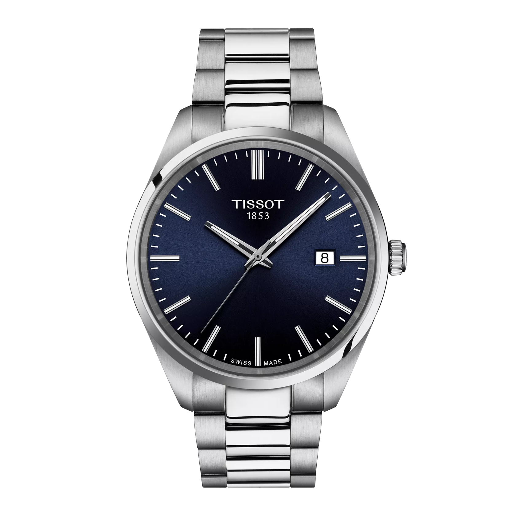 Tissot watch with silver bracelet and blue dial on a white background