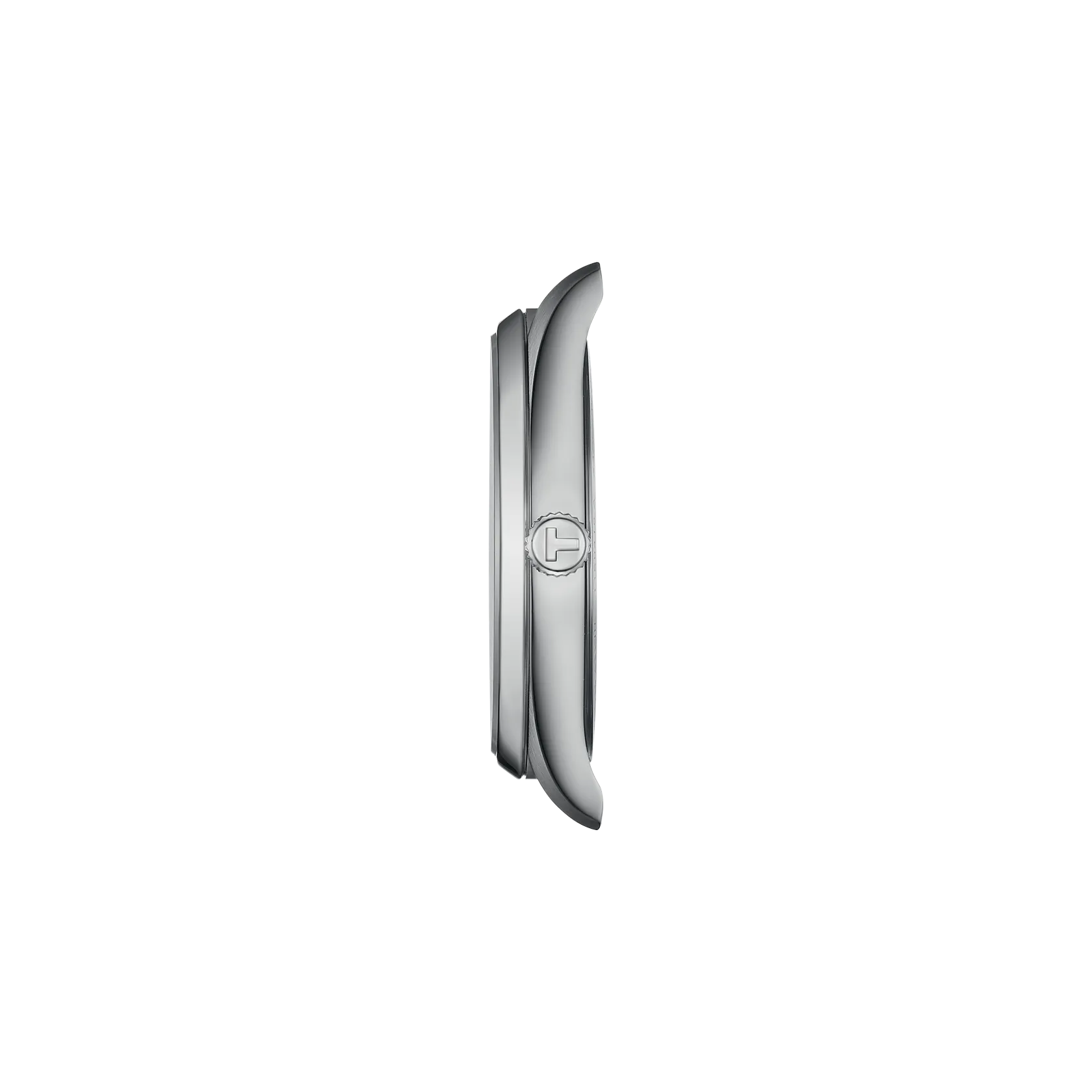 Silver watch case on a white background