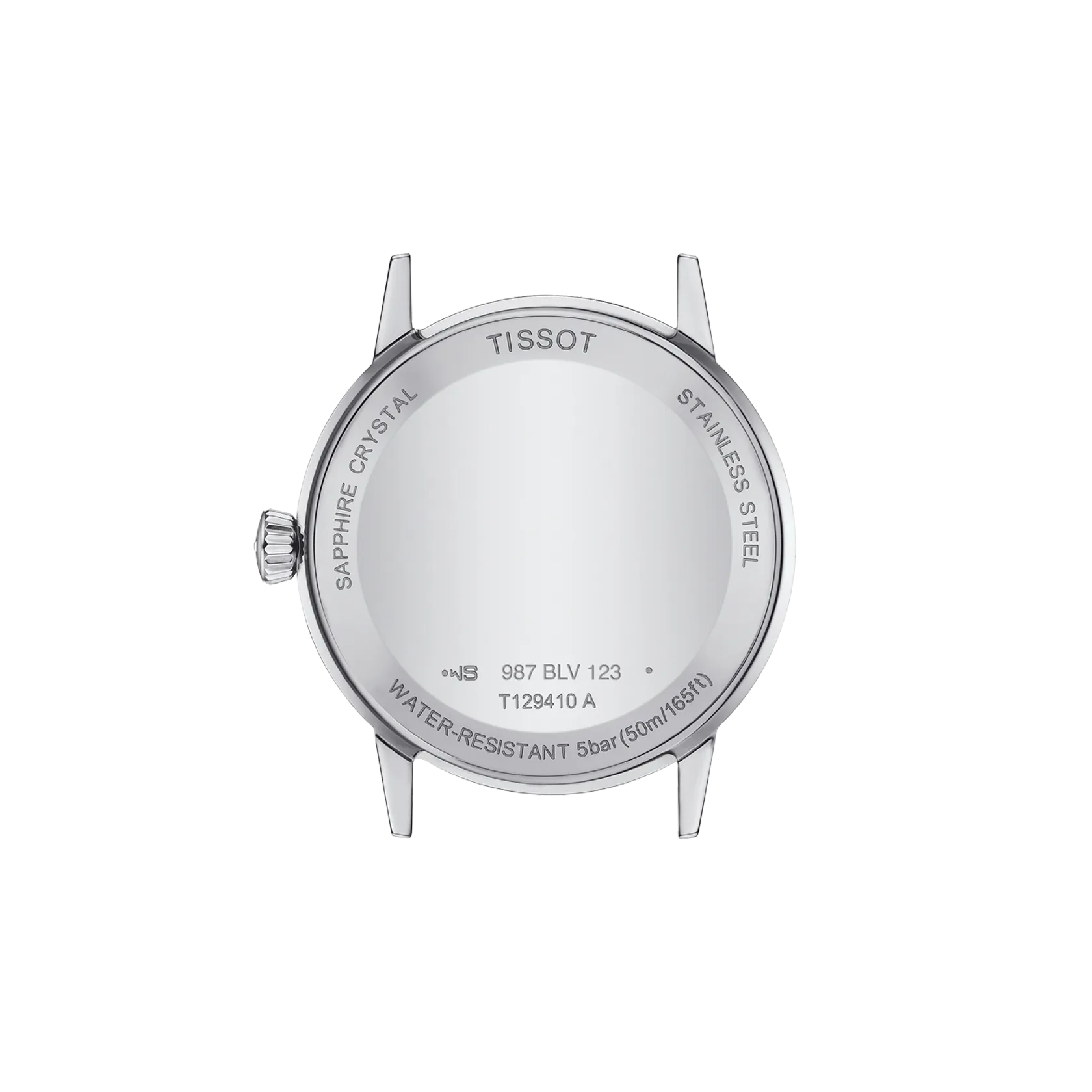 Back view of a Tissot watch with brand name and model details on a white background