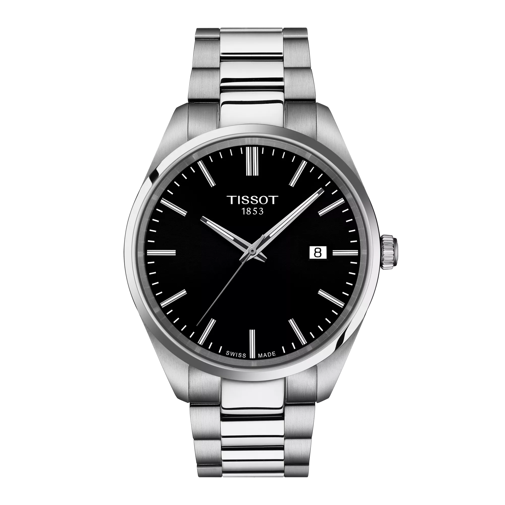 Tissot watch with black dial and silver metal bracelet on a white background