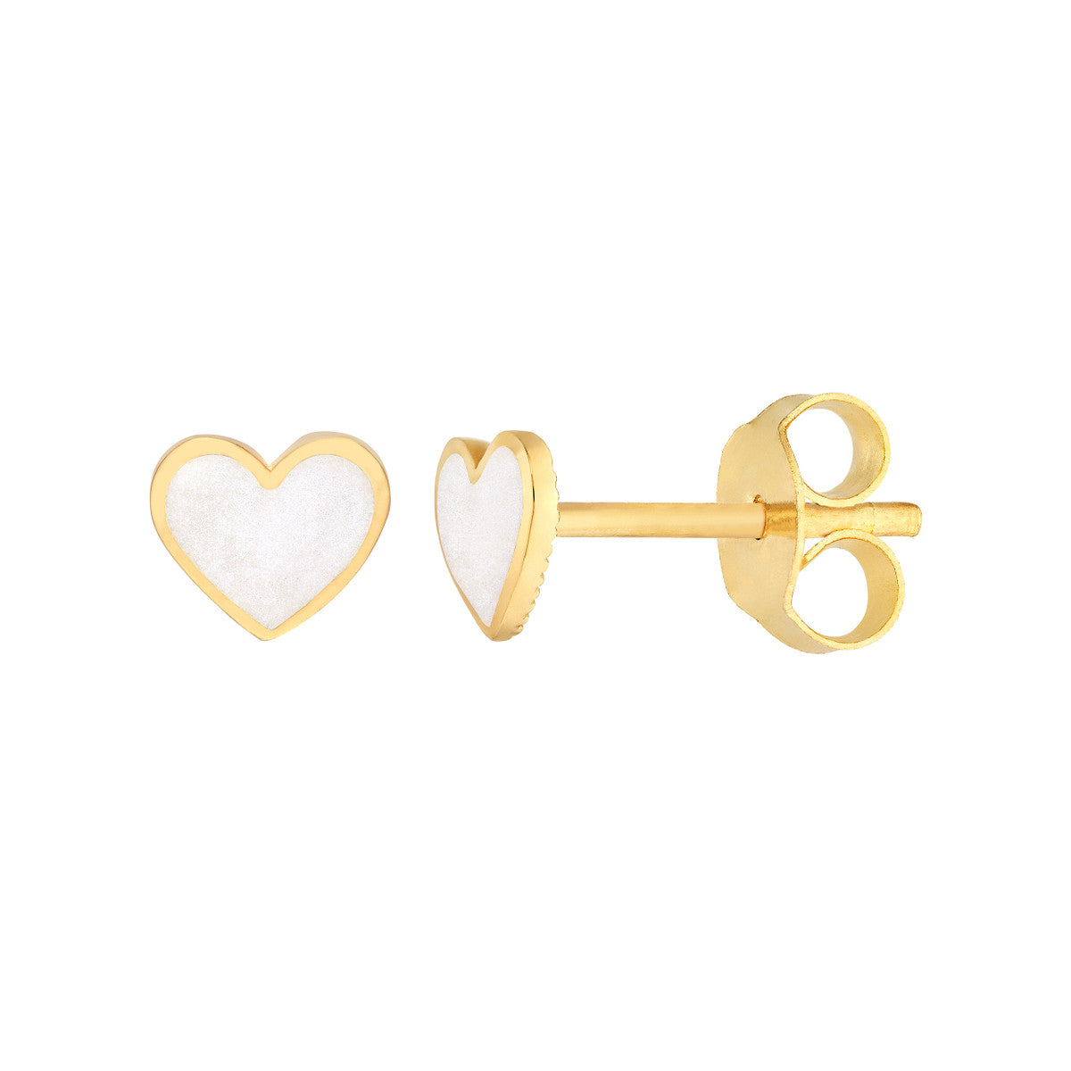 14k Yellow Gold White Enamel Heart Stud Earrings