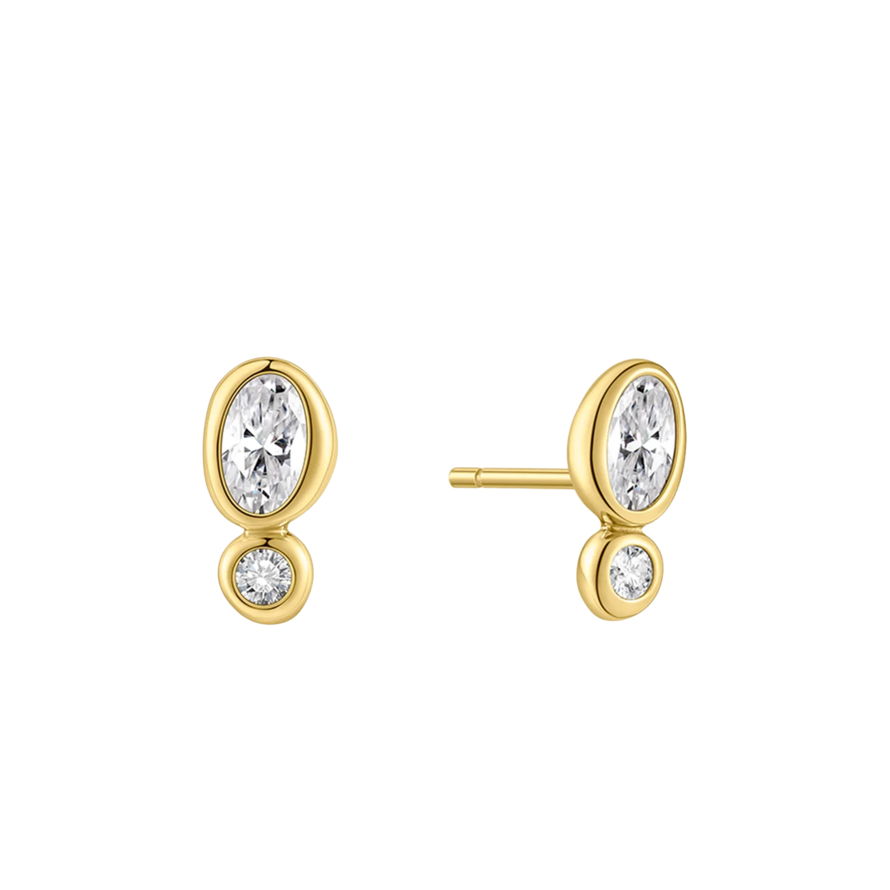 A pair of gold stud earrings with marquise-cut clear gemstones and a smaller round clear gemstone, shown on a plain white background.