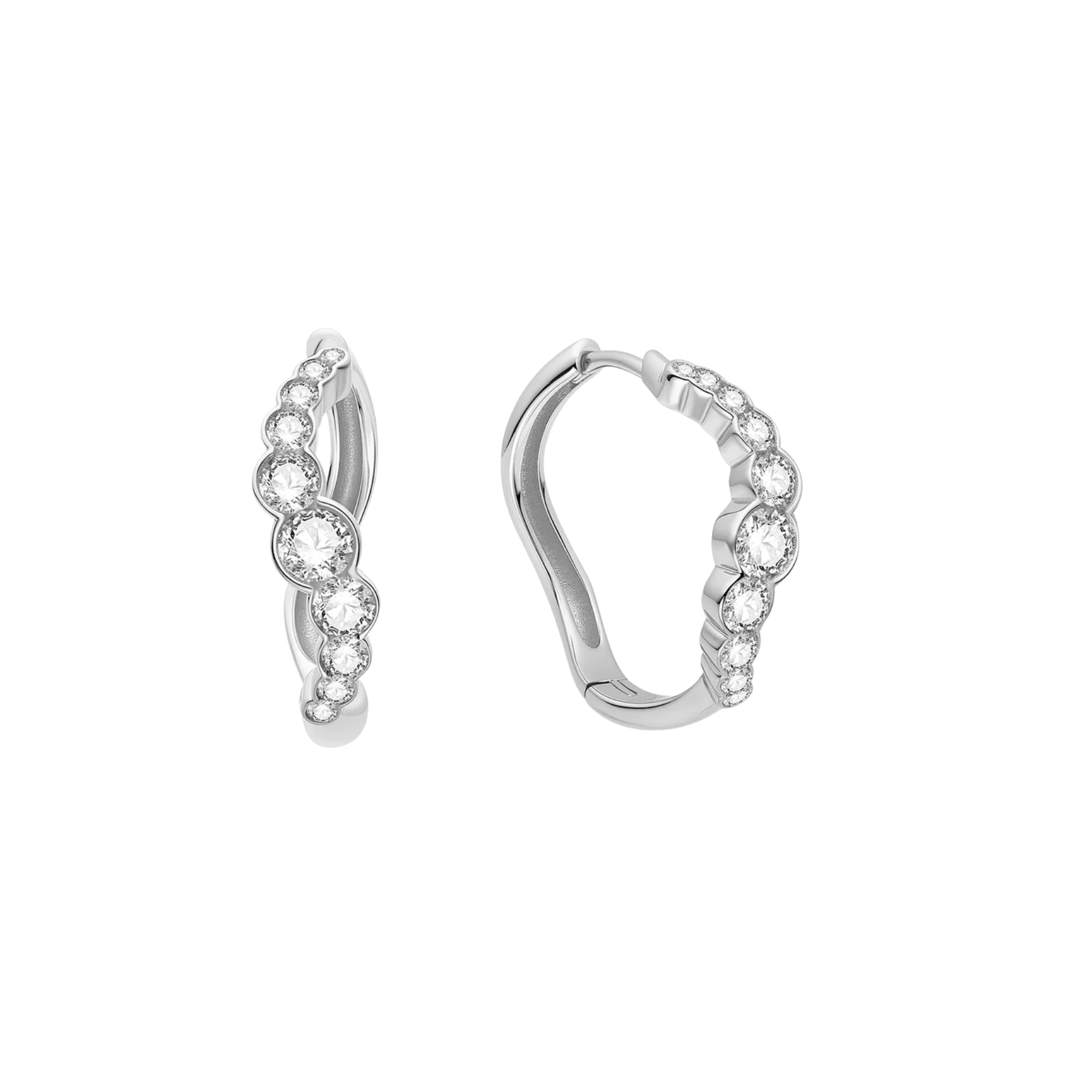 A pair of silver hoop earrings adorned with a row of clear round-cut gemstones, shown on a plain white background.