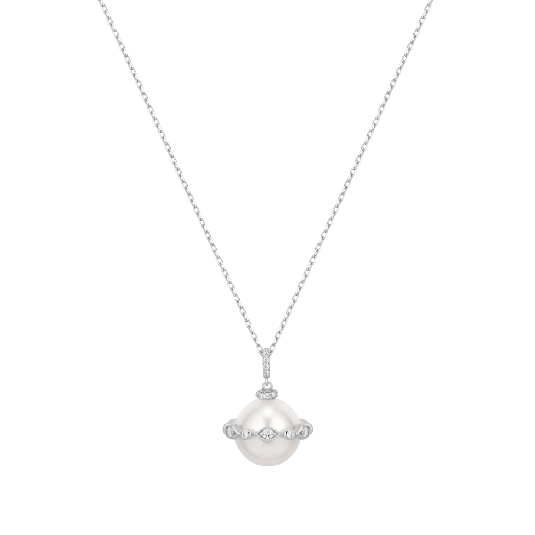 A delicate silver chain necklace featuring a pendant with a large white pearl and small clear gemstones, set against a solid white background.