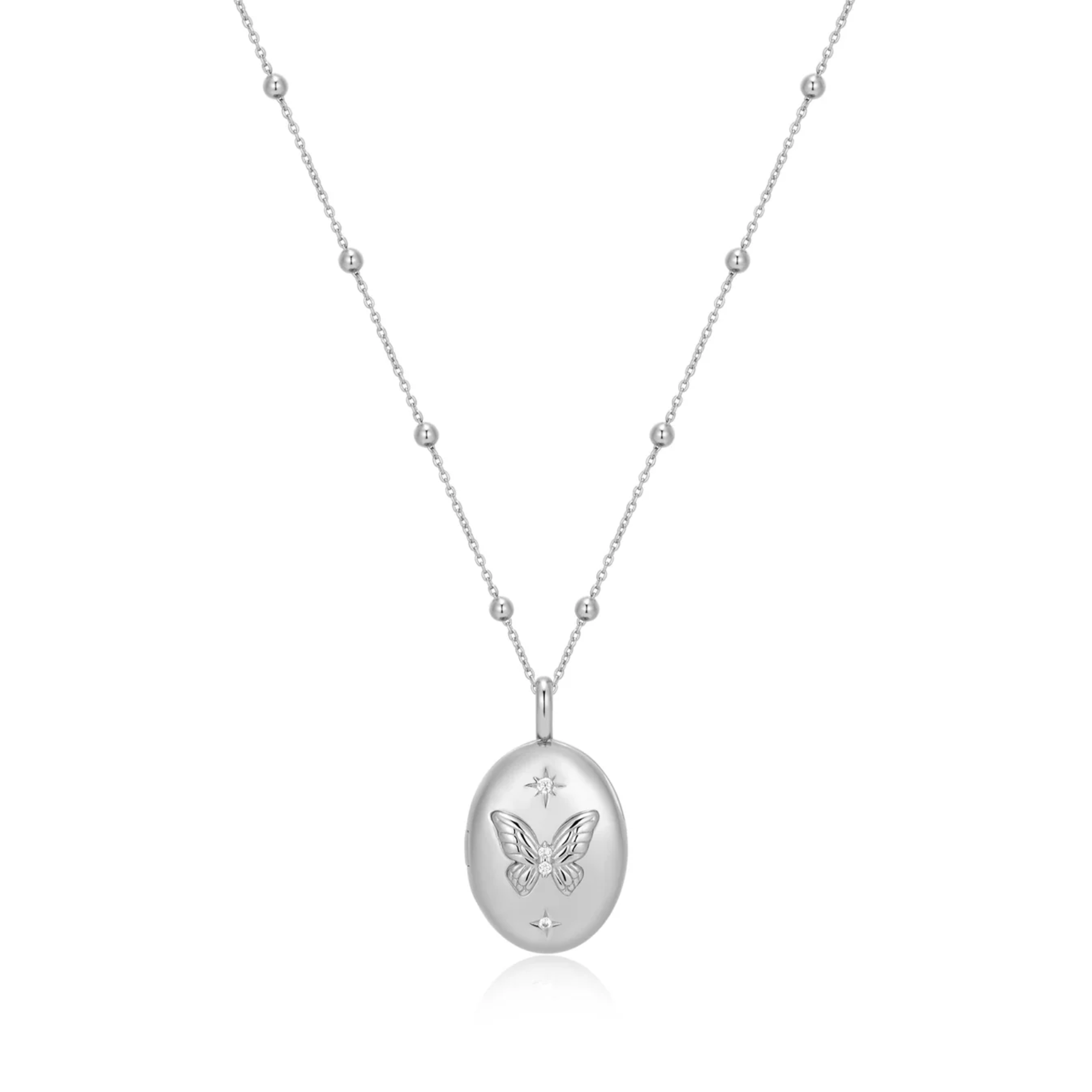 Gold necklace with a butterfly pendant on a white background