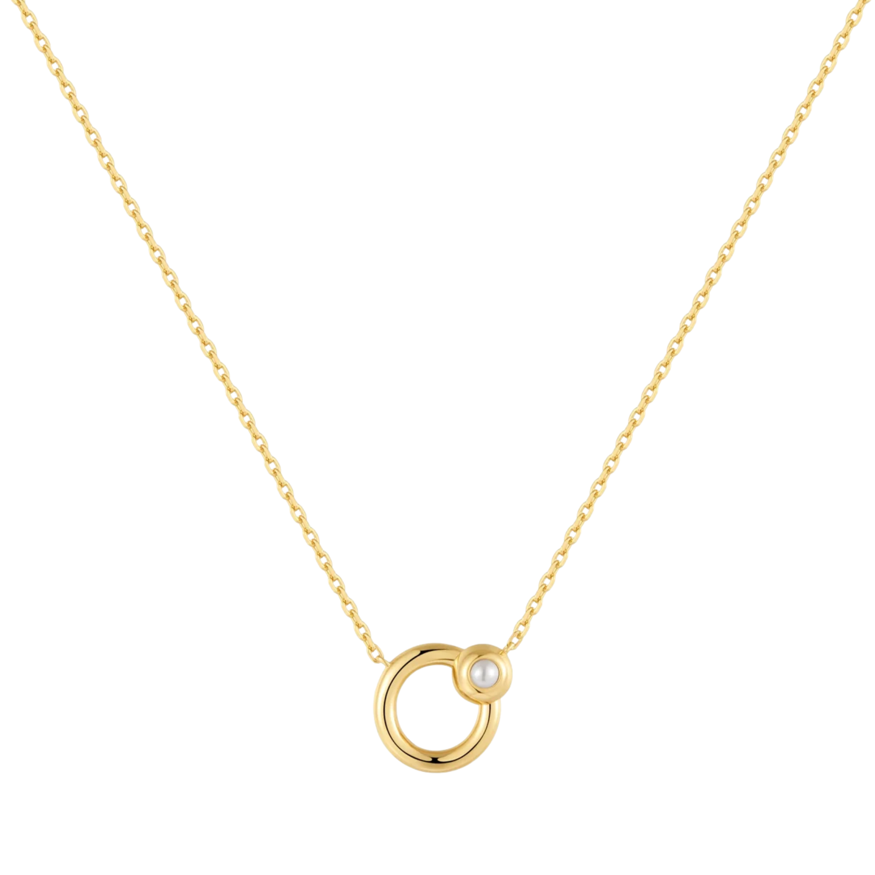 A delicate gold chain necklace featuring a minimalist pendant with a large open circle and a small pearl accent, set against a solid white background.