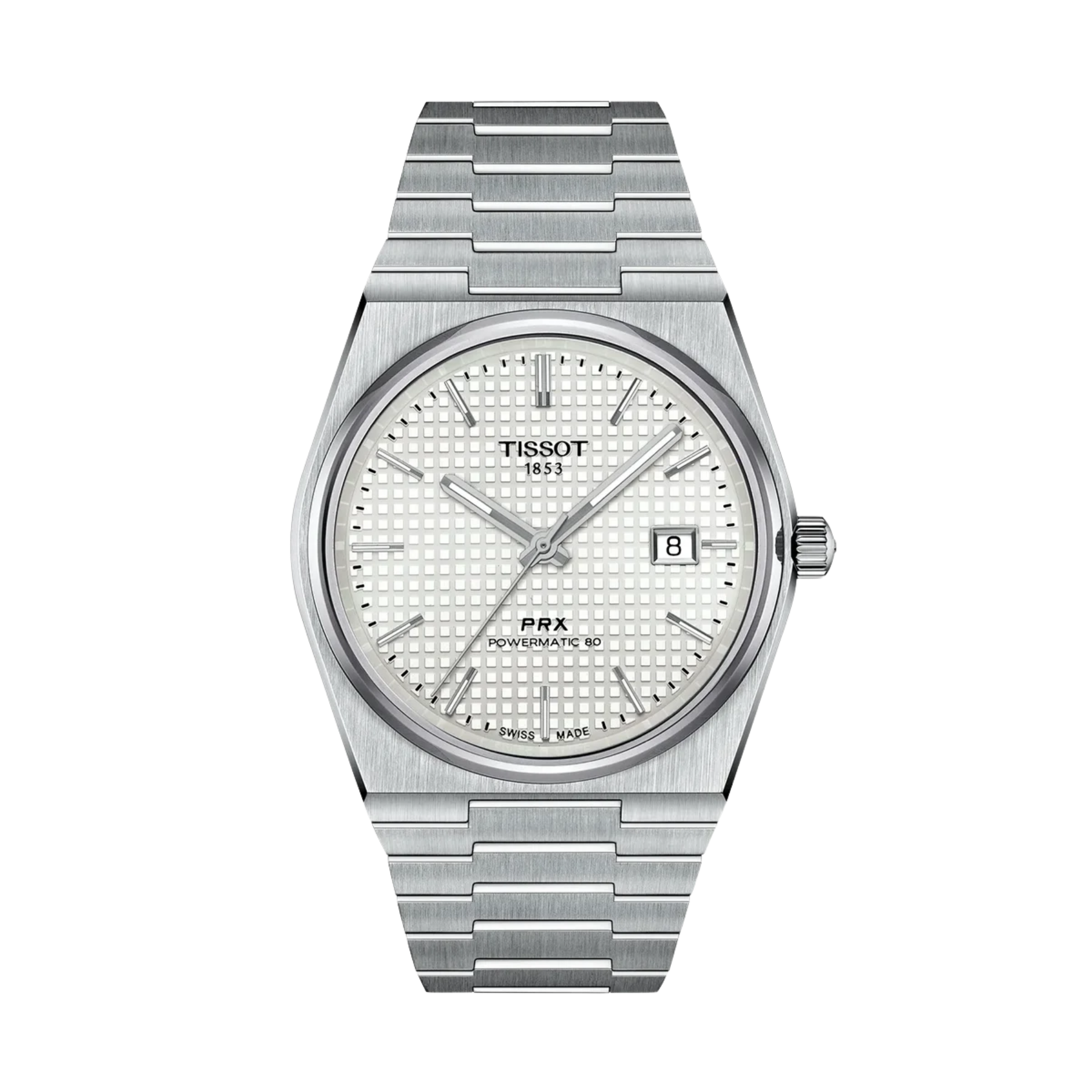 Tissot Pulsomatic 30 automatic watch with a silver stainless steel case and integrated bracelet, featuring a textured white dial with a date window.