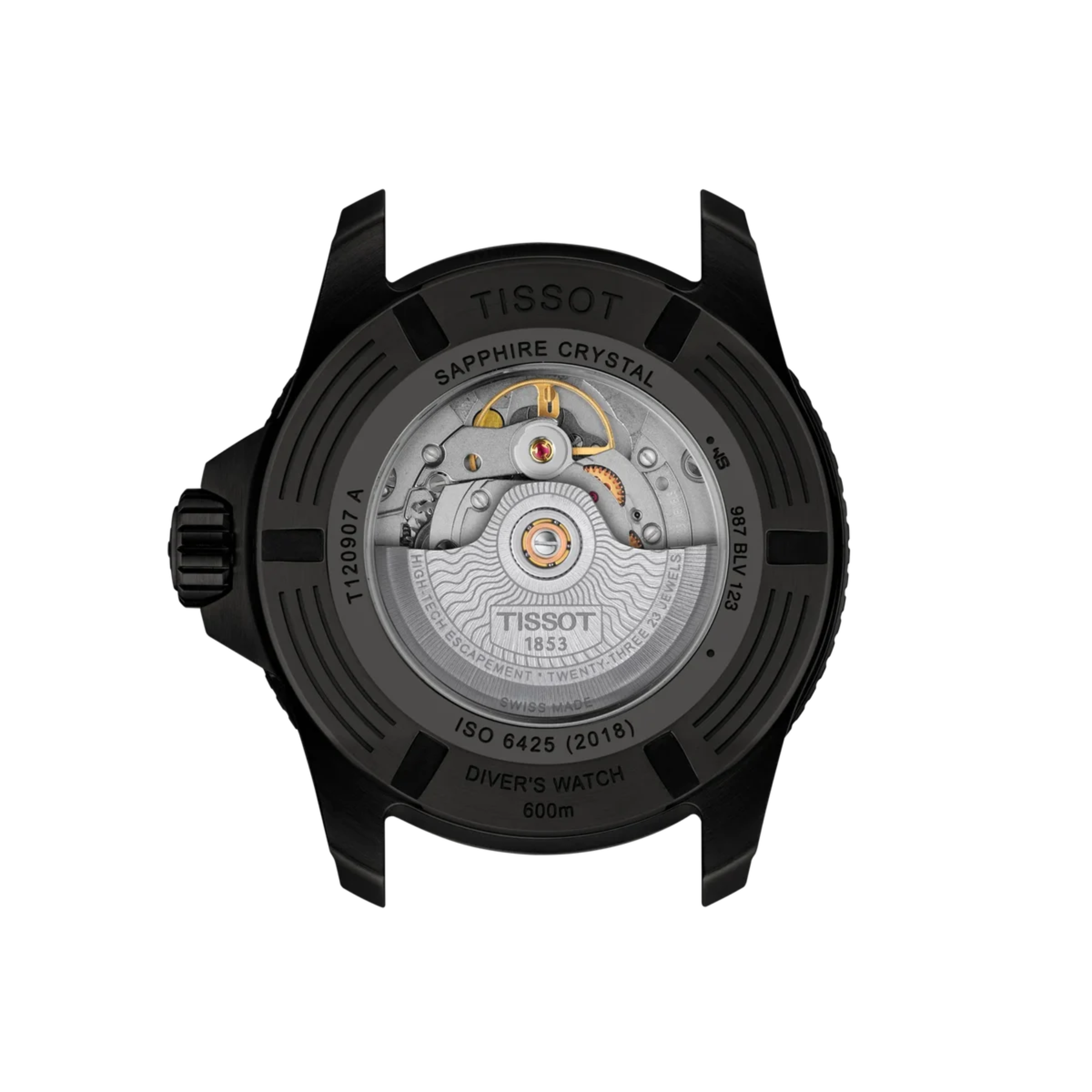 Back view of a Tissot watch with visible brand name and mechanical components on a white background