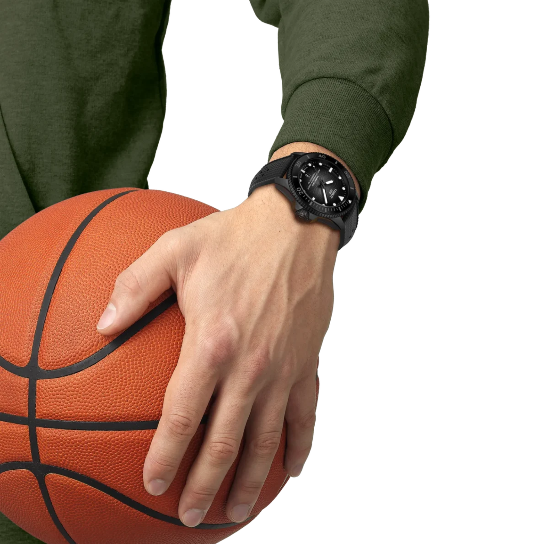 A close-up of a person's hand resting on an orange basketball, wearing a black smartwatch with a black strap and a dark dial, set against a solid white background.