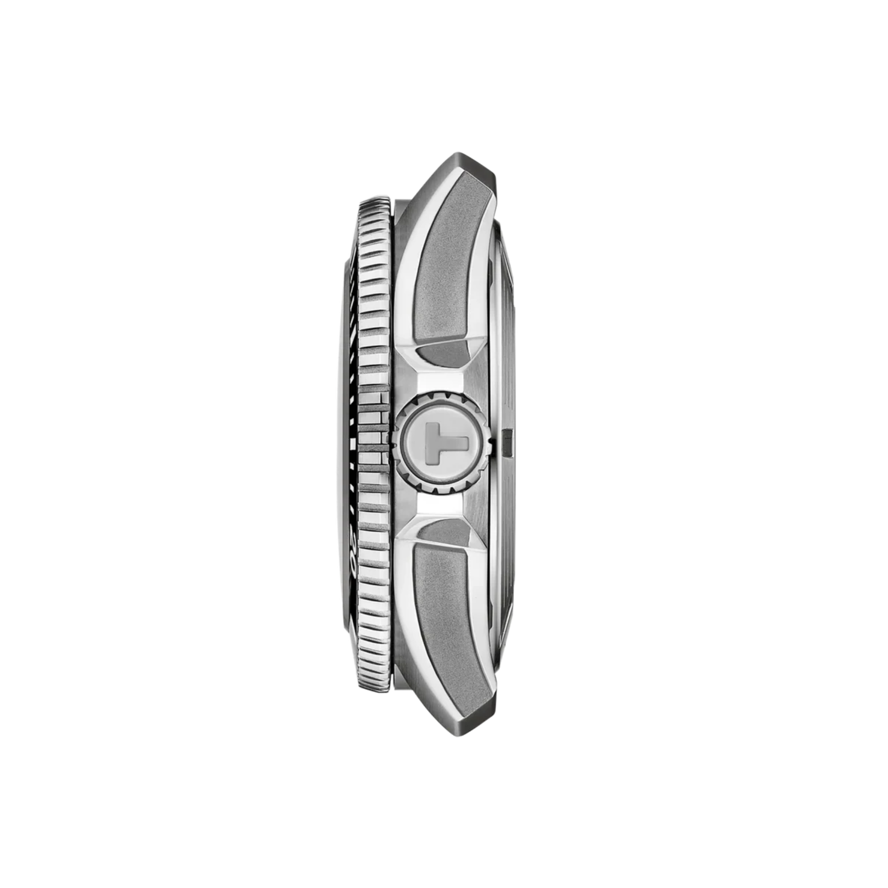 A side profile view of a silver stainless steel watch with a textured fluted bezel and a central crown guard featuring a 'T' logo, set against a plain white background.